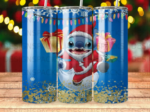 Stitch in Santa suit holding presents, surrounded by snowflakes and festive lights.