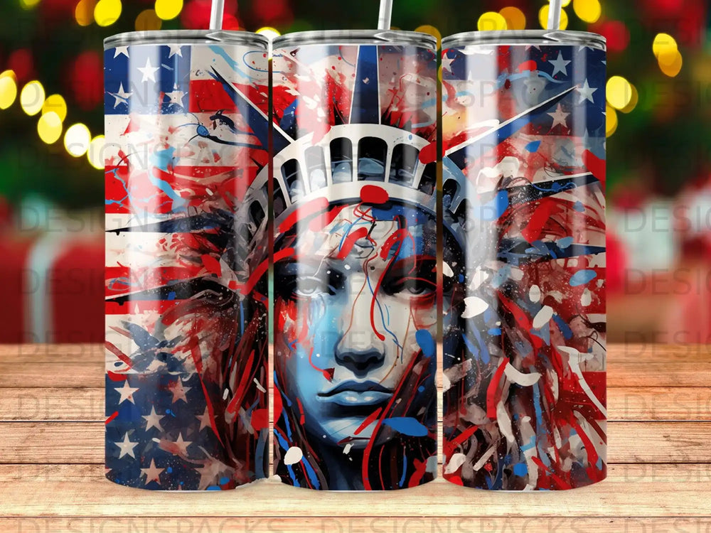 Statue of Liberty with abstract red, white, and blue patriotic design.