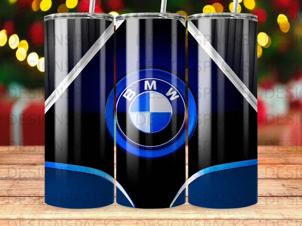 Blue BMW logo on a black and blue striped tumbler.