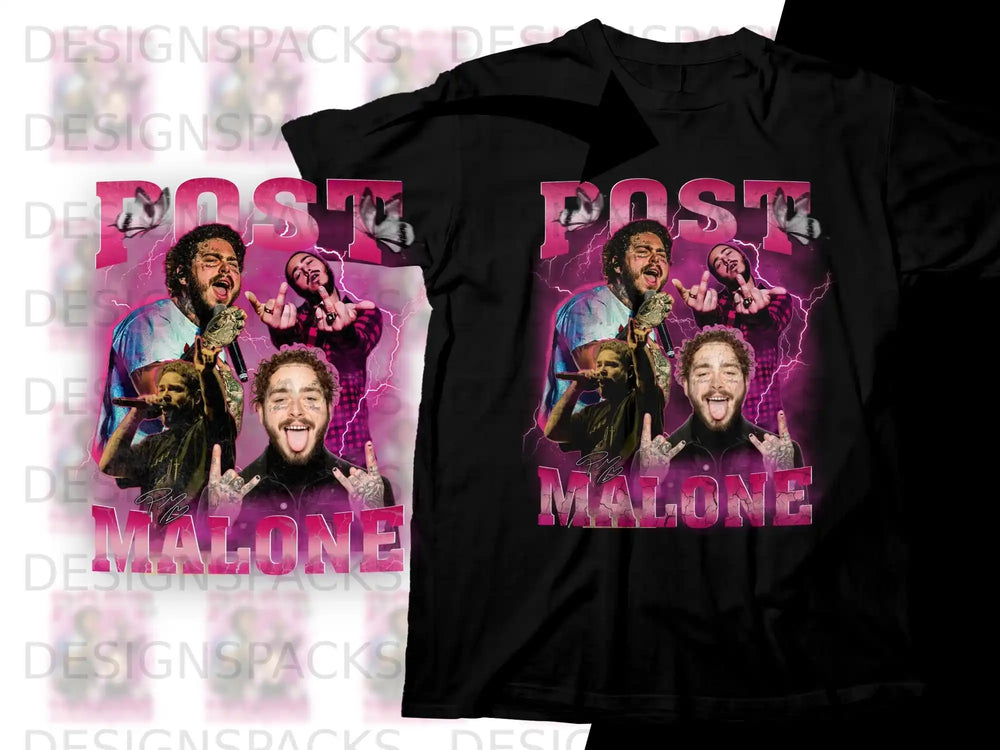 Black t-shirt featuring Post Malone in pink lightning.