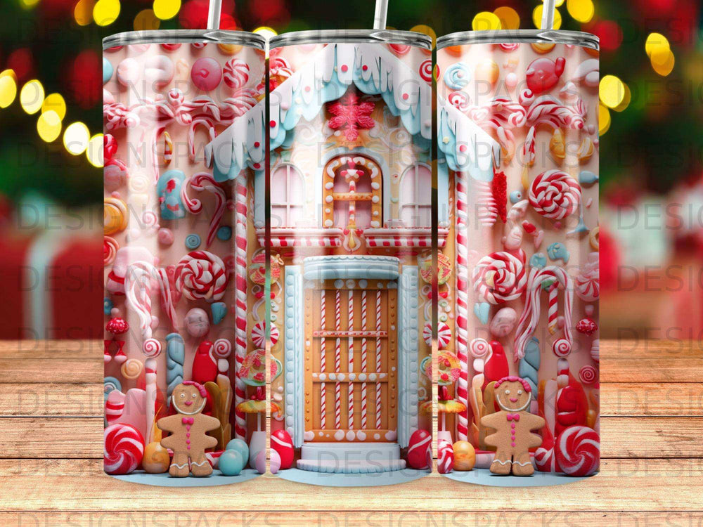 Candy gingerbread house with candy canes, lollipops, and gingerbread men.