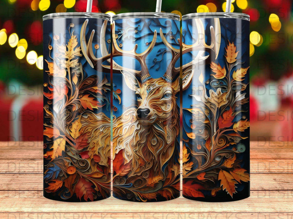 Deer with antlers and autumn leaves, on a dark blue background.