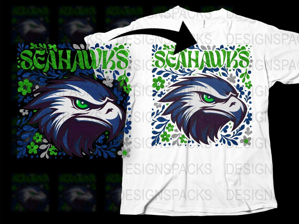 Seahawks Inspired Graphic T-Shirt, Floral Design, Hawk Print, Sports Fan Tee, Unique Casual Wear