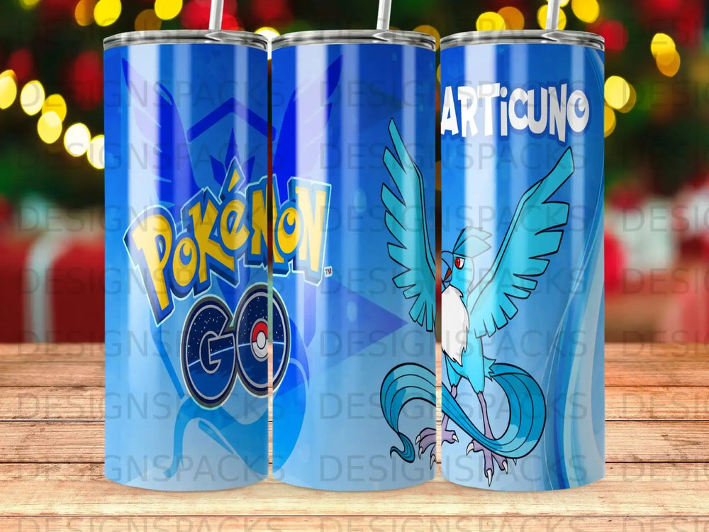 Pokémon GO Articuno design on a blue tumbler.
