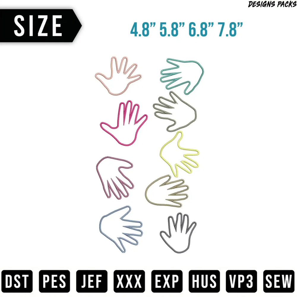 Hand-shaped paper clips in various colors and sizes with embroidery file formats.