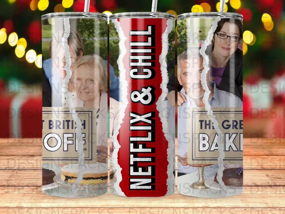 Tumbler with "Netflix & Chill" text and images of bakers.