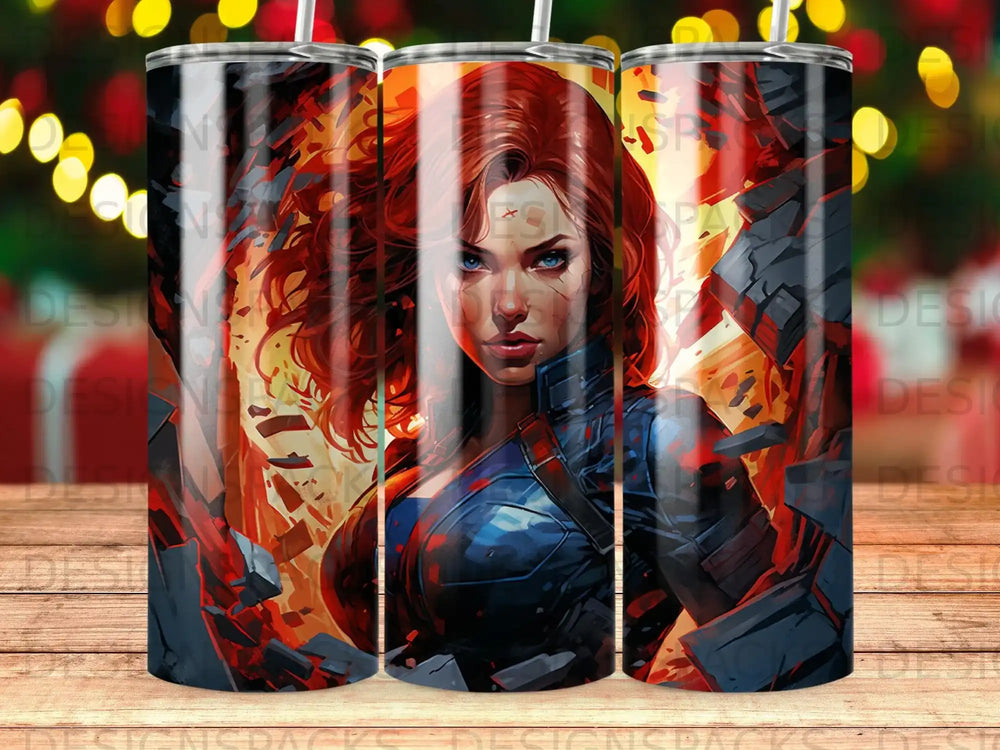Comic book illustration of Black Widow with fiery background and shattered debris.