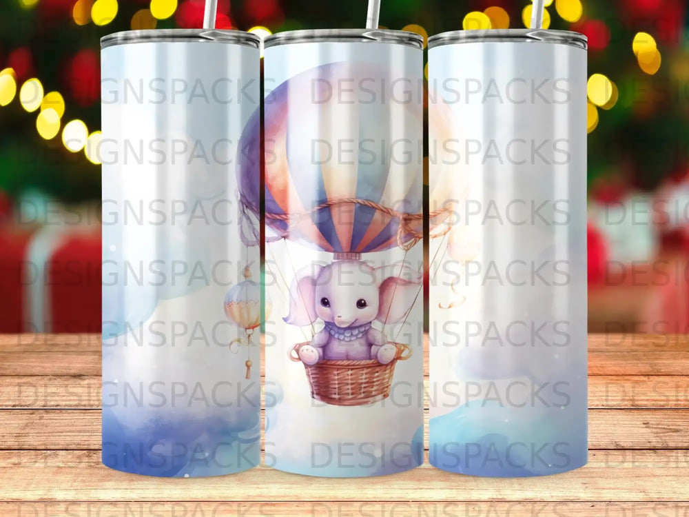 Elephant in hot air balloon with clouds, repeated watermark design.