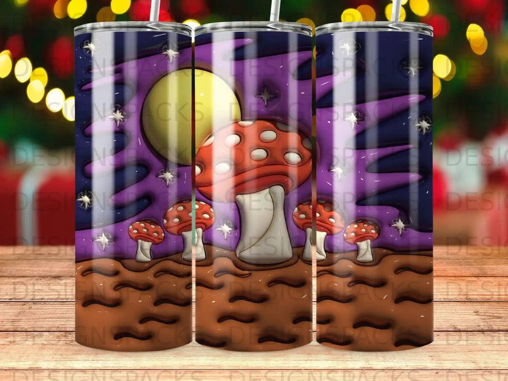 Mushroom forest under a full moon with starry night sky.