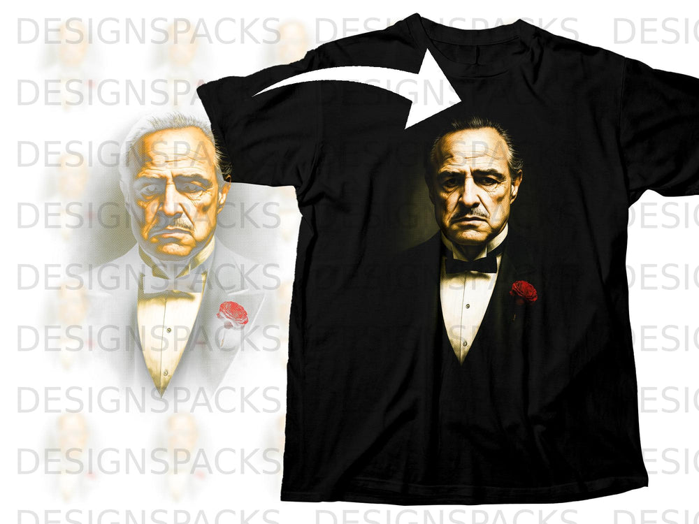 Black t-shirt featuring artwork of Vito Corleone with a red rose.
