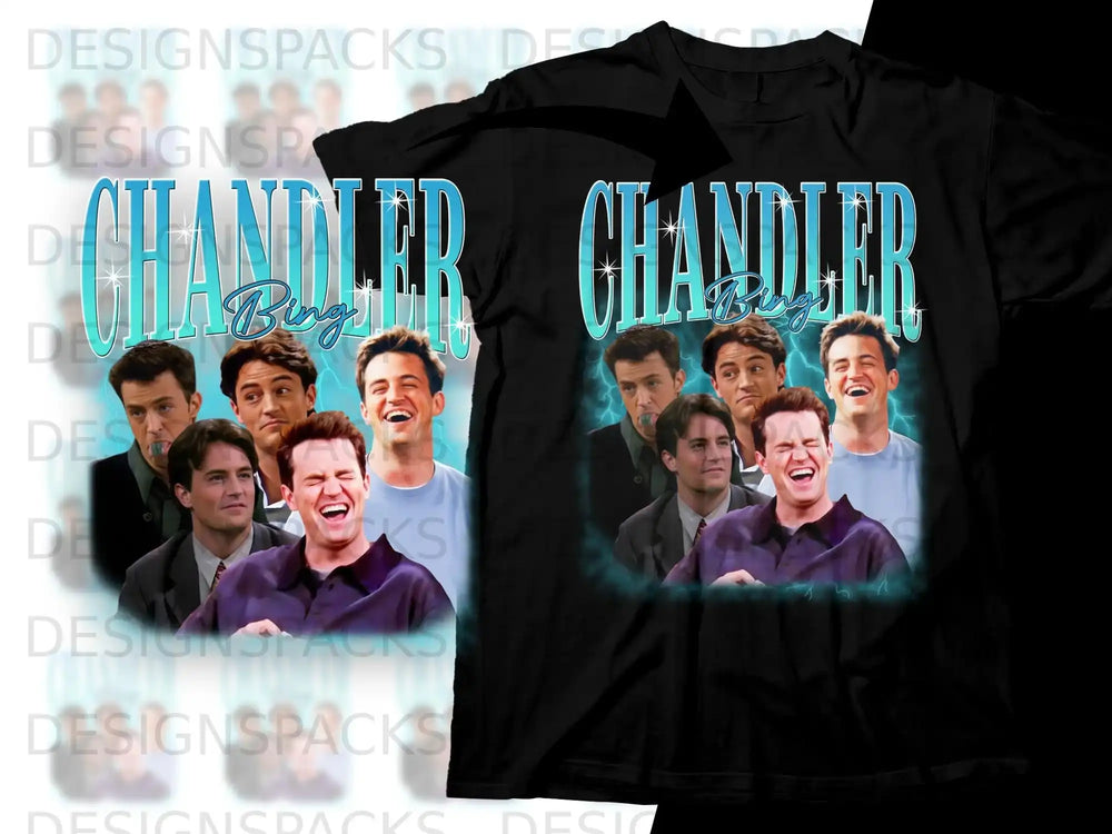 T-shirt featuring collage of nine Friends characters, including Chandler Bing.