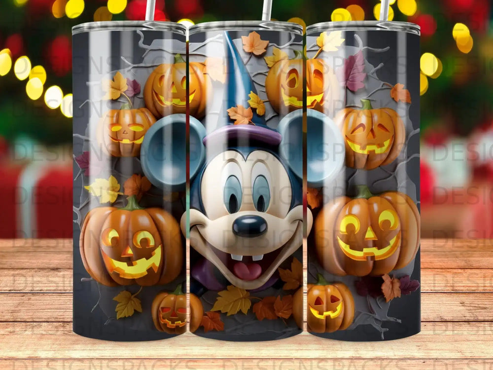 Mickey Mouse in a witch hat with jack-o'-lanterns and autumn leaves.