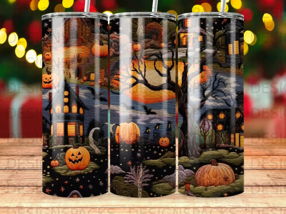 Spooky Halloween scene with pumpkins, houses, and a full moon.