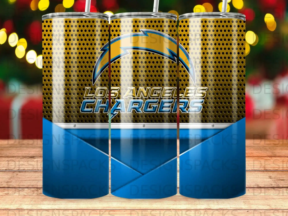 Los Angeles Chargers logo on a cylindrical object with metallic blue and yellow details.