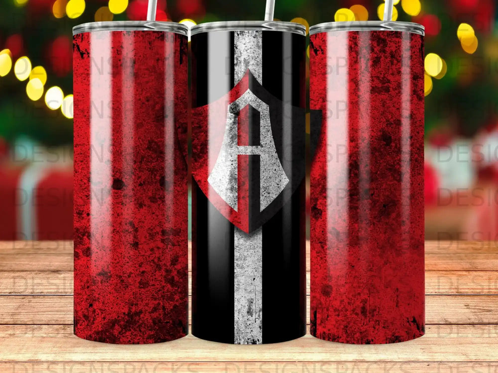 Three tumblers with red, black, and white distressed design and shield logo.