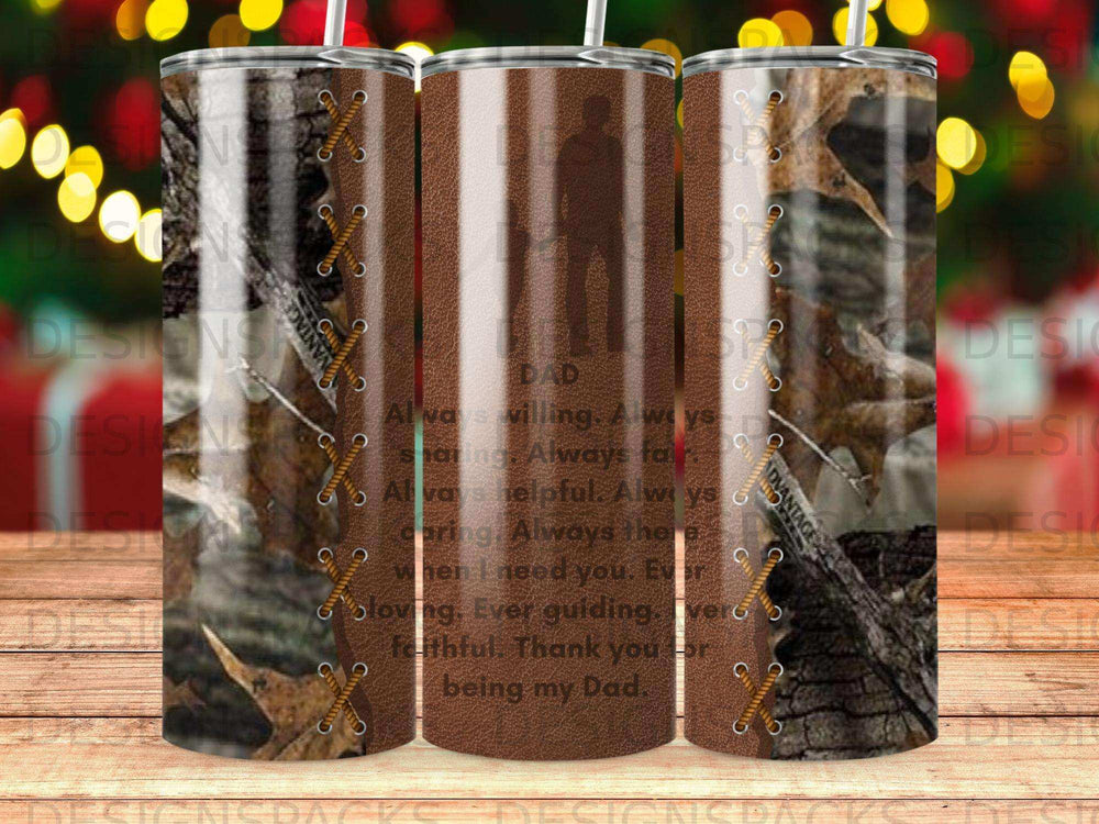 Tumbler with camouflage, leather, and Father's Day message.