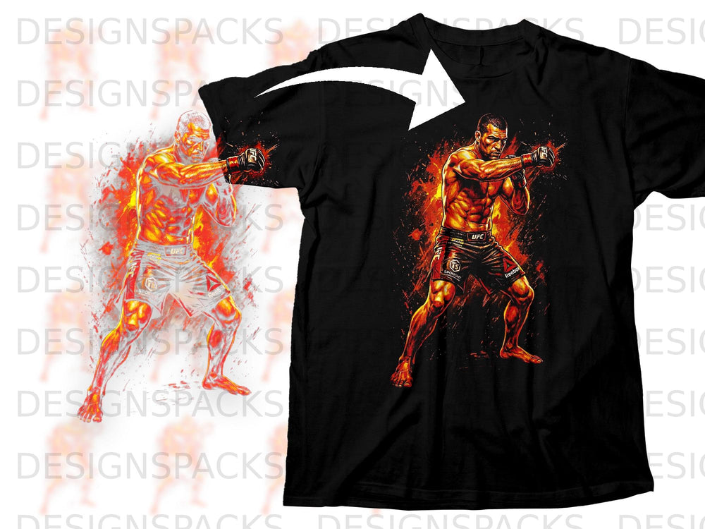 Black t-shirt featuring a fighter with glowing orange and yellow effects.
