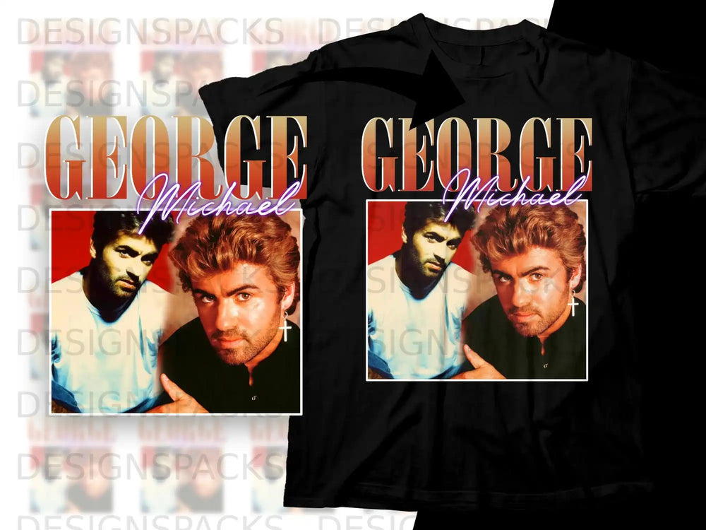 Black t-shirt with a graphic of George Michael's face and "GEORGE MICHAEL" text.