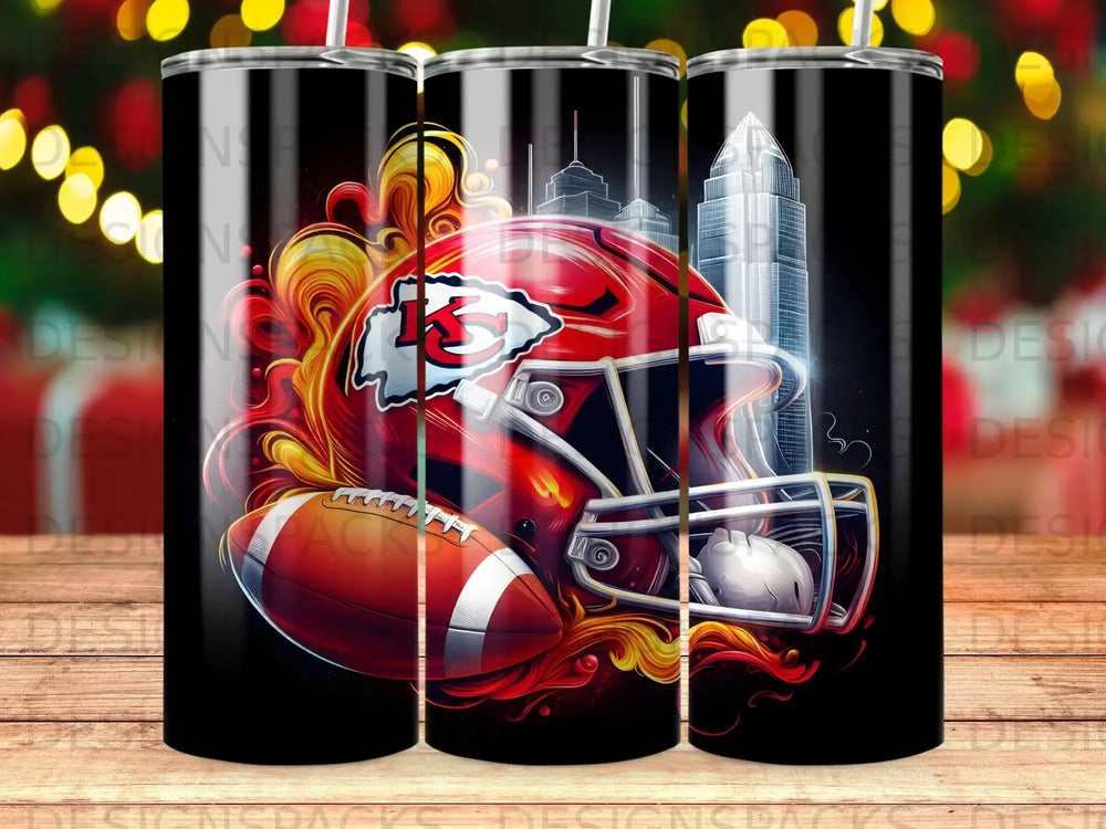 Kansas City Chiefs helmet and football with city skyline design on a tumbler.
