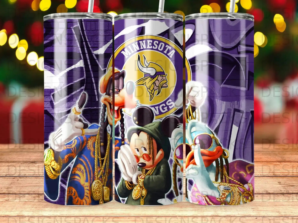 Mickey Mouse and Donald Duck as Minnesota Vikings in chain necklaces.