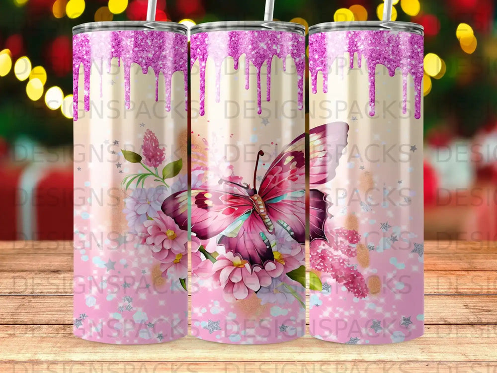 Glittery pink butterfly and flowers on a skinny tumbler.