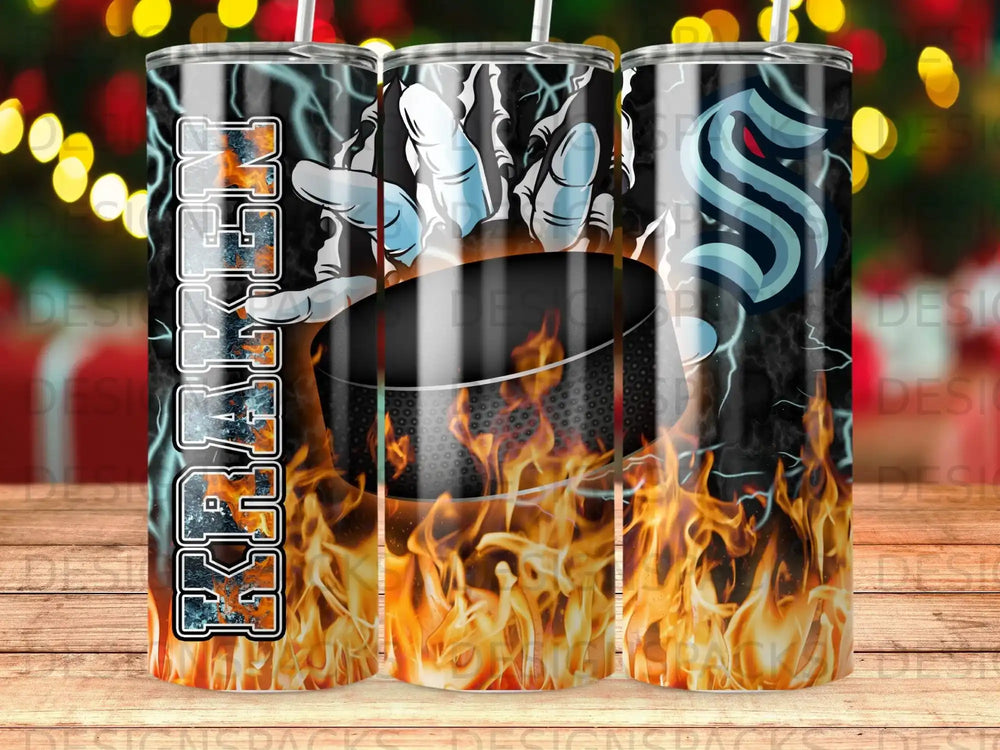 Kraken hockey team tumbler with fiery flames and ice-themed elements.