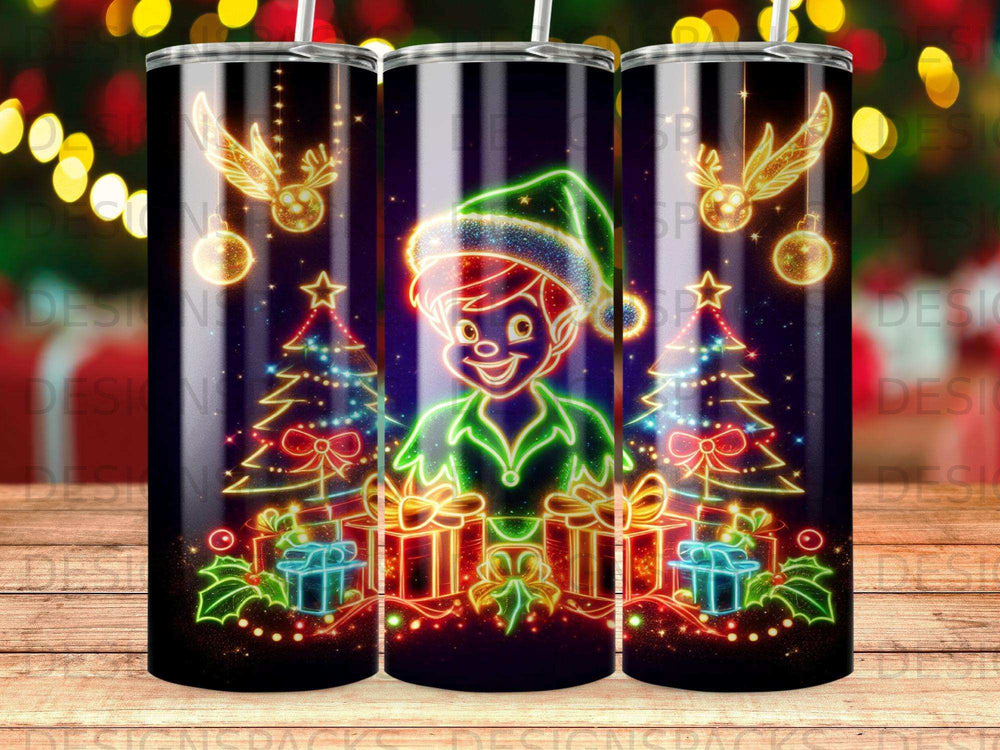 Illuminated Christmas trees, gifts, and Peter Pan character with golden snitches.