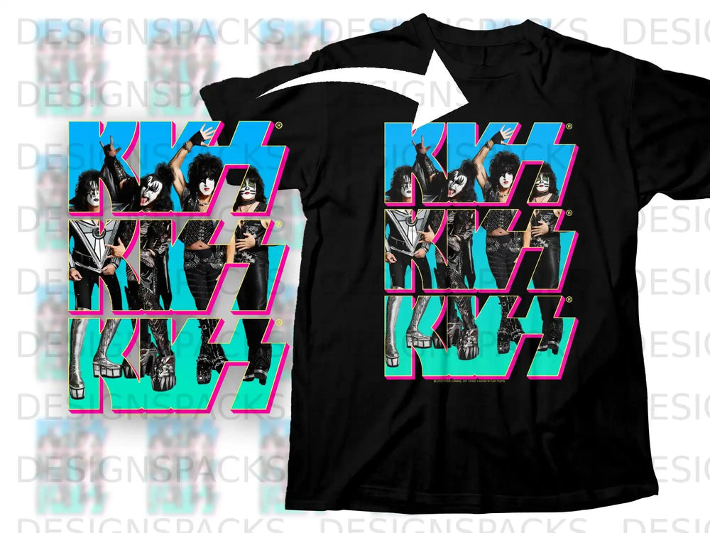 Black t-shirt with a collage of KISS band members in costume.