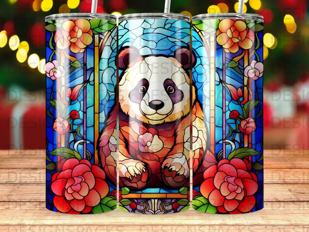 Panda in stained glass window with roses.