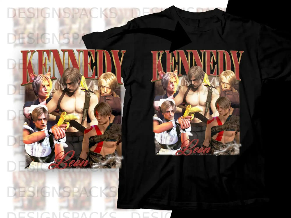 Leon Kennedy collage on a black t-shirt.