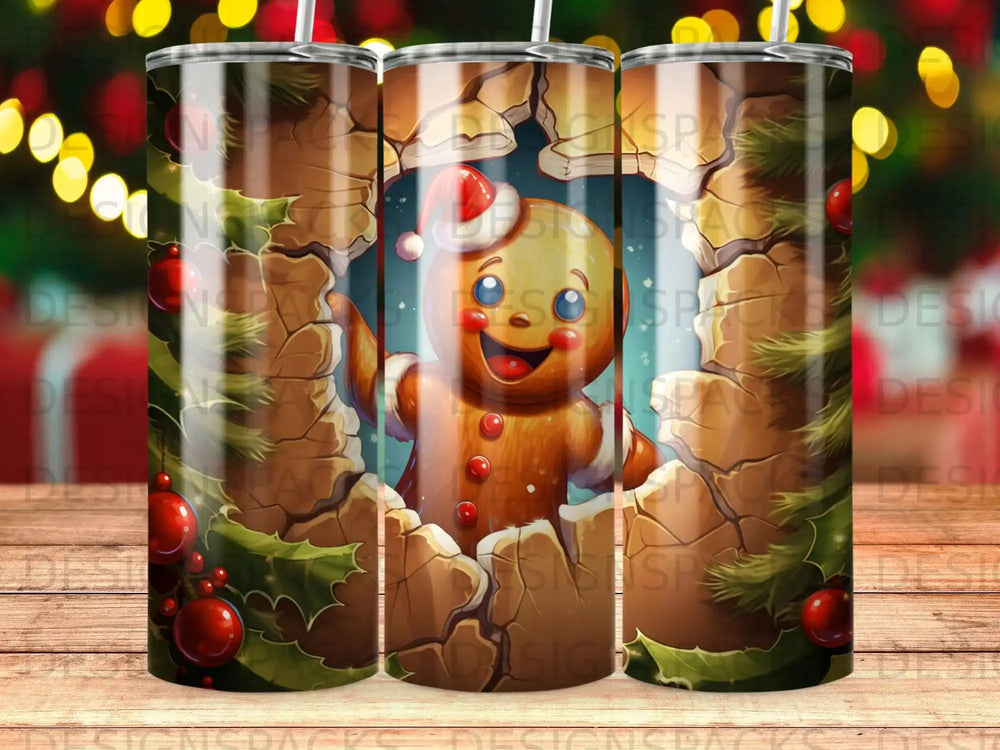 Gingerbread man with Santa hat breaking through stone wall with festive decorations.