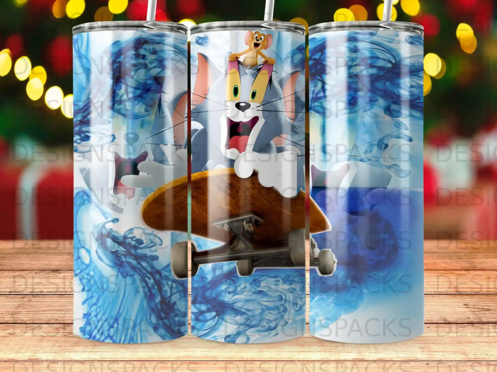 Tom and Jerry characters riding a skateboard, with blue smoke.