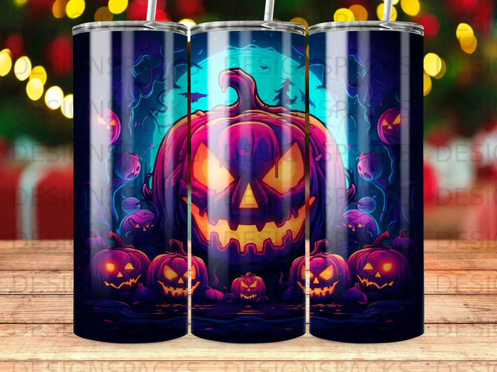 Jack-o'-lantern with spooky glowing eyes and surrounding pumpkins on a dark, moonlit background.