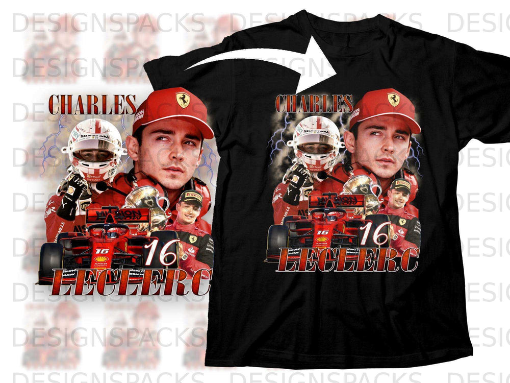 Black t-shirt with Charles Leclerc and Formula 1 car graphic.