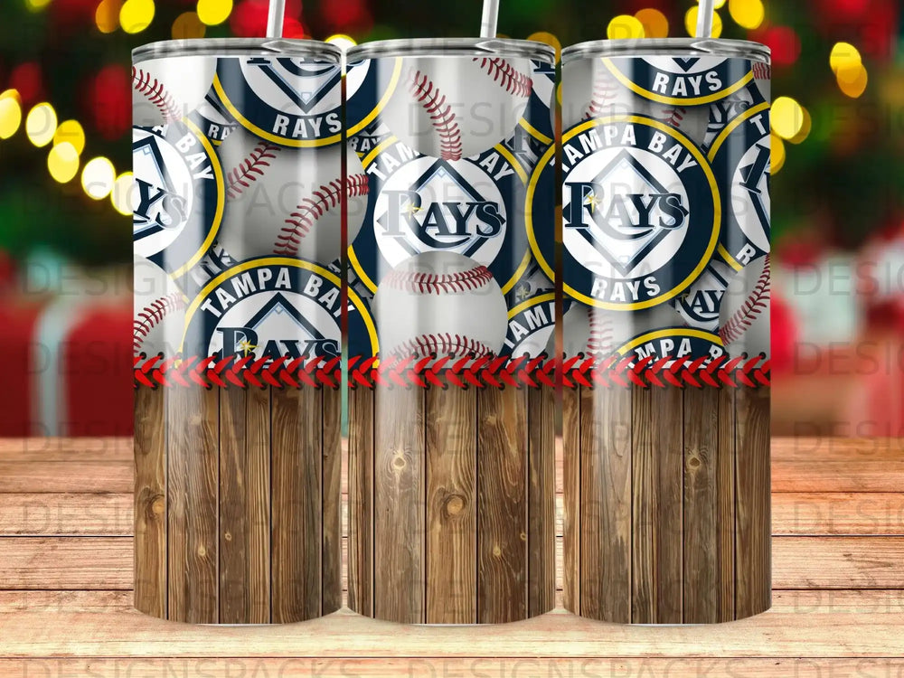 Tampa Bay Rays baseball tumbler with wood grain bottom.