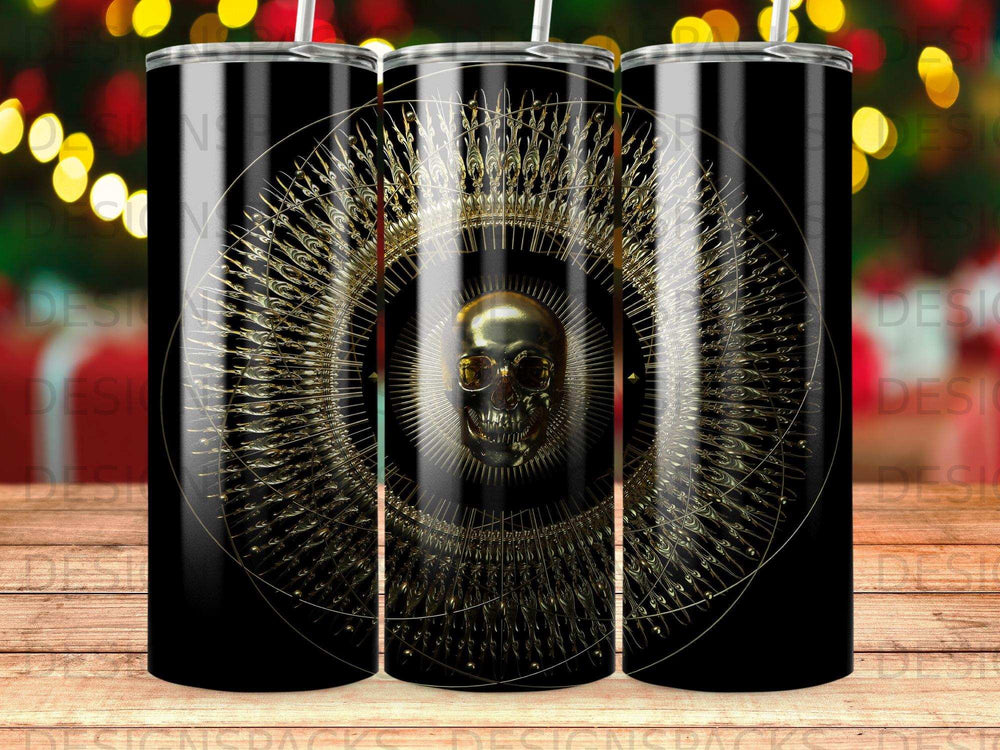 Black tumbler with a golden skull surrounded by a radiating sunburst design.
