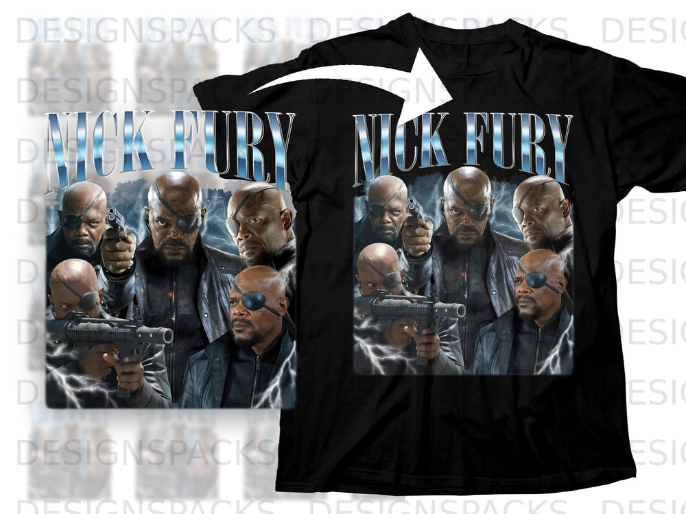 Nick Fury collage with lightning background and text above.