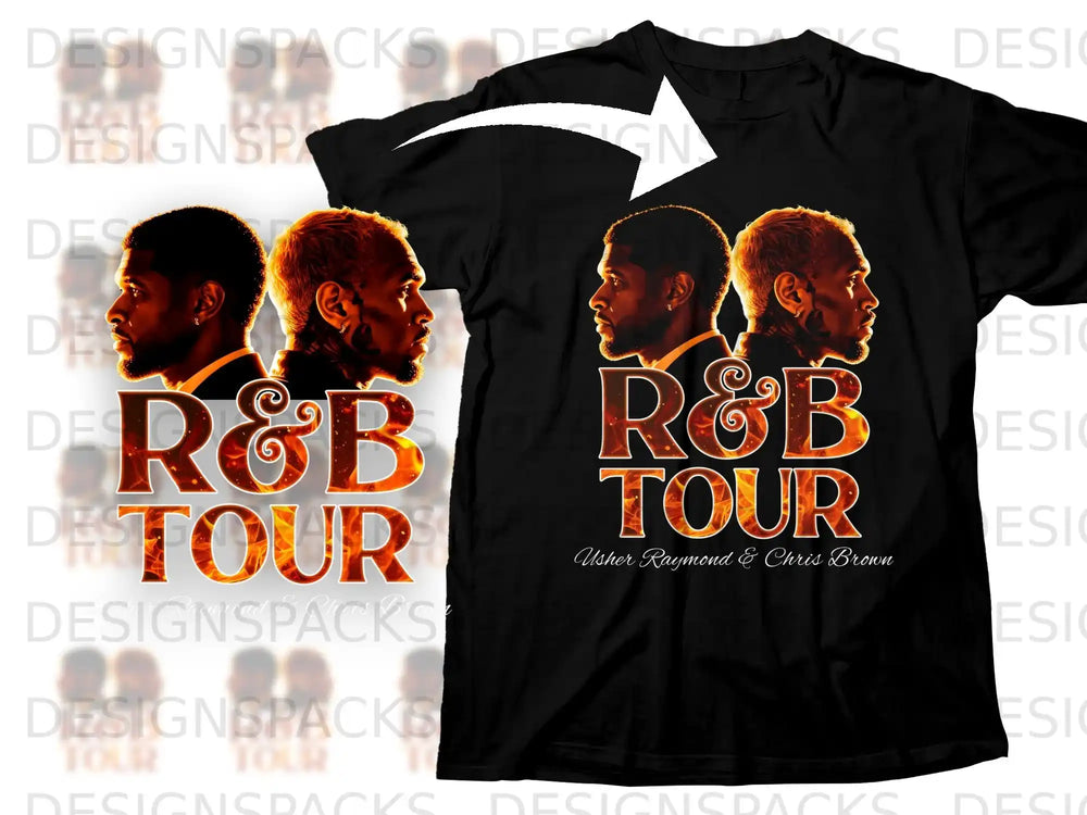 Black t-shirt with R&B TOUR graphic featuring Usher Raymond & Chris Brown.