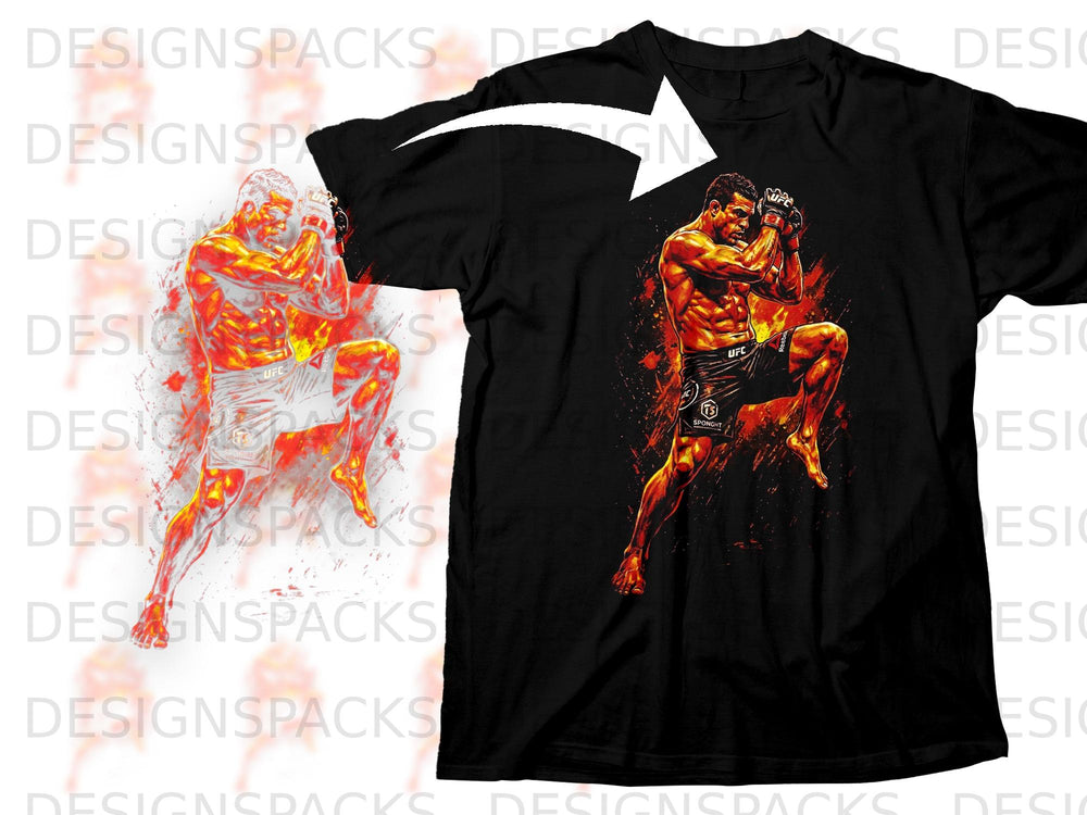 Black t-shirt with UFC fighter graphic in fiery orange and red.