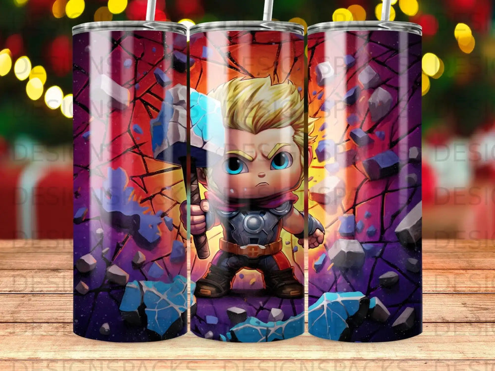 Chibi Thor with Mjolnir, shattering purple and blue rock.
