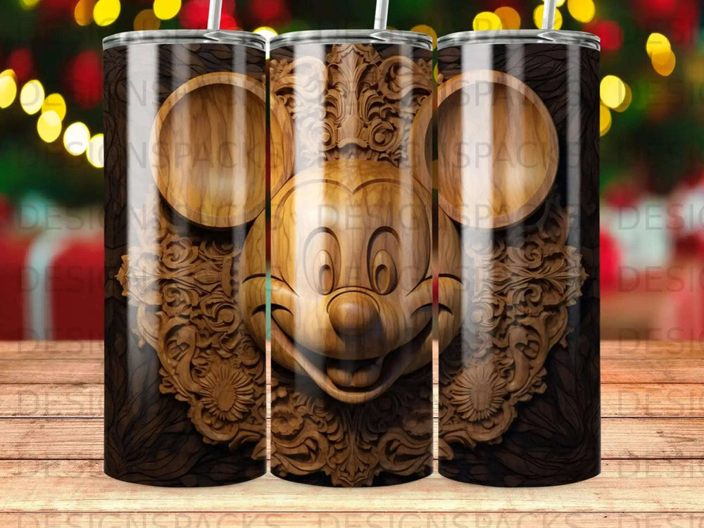 Carved wooden Mickey Mouse head with swirling wood grain pattern on a tumbler.