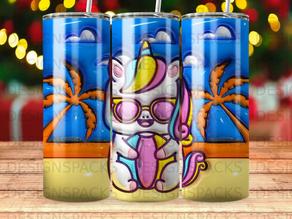 Cartoon unicorn in sunglasses holding a popsicle, with palm trees and beach background.