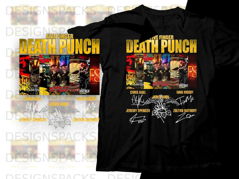 Five Finger Death Punch graphic tee with band member signatures and album art.