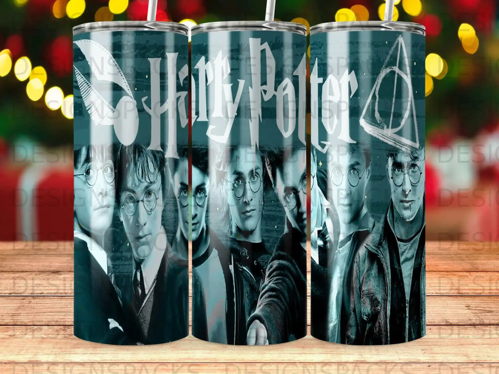 Harry Potter characters collage on a blue patterned tumbler.
