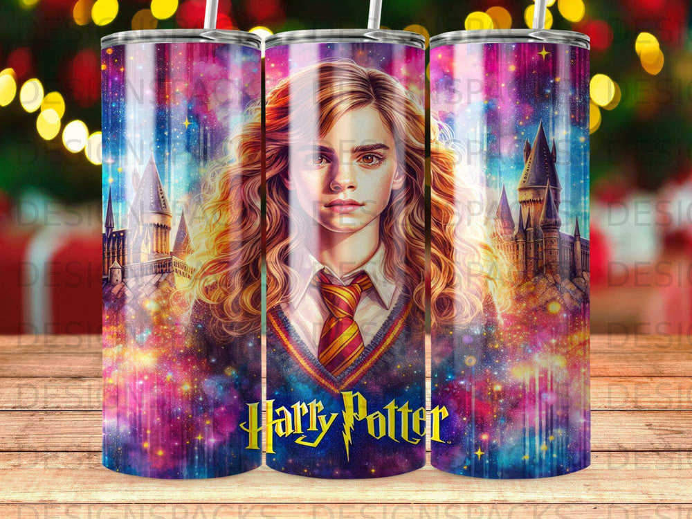 Harry Potter tumbler featuring Hogwarts castle and a magical starry background.
