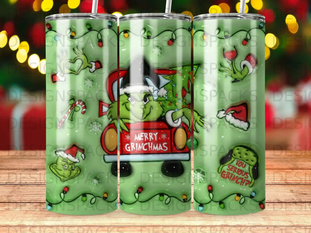 The Grinch in a truck with "Merry Grinchmas" and "You Serious Grinch?" text.