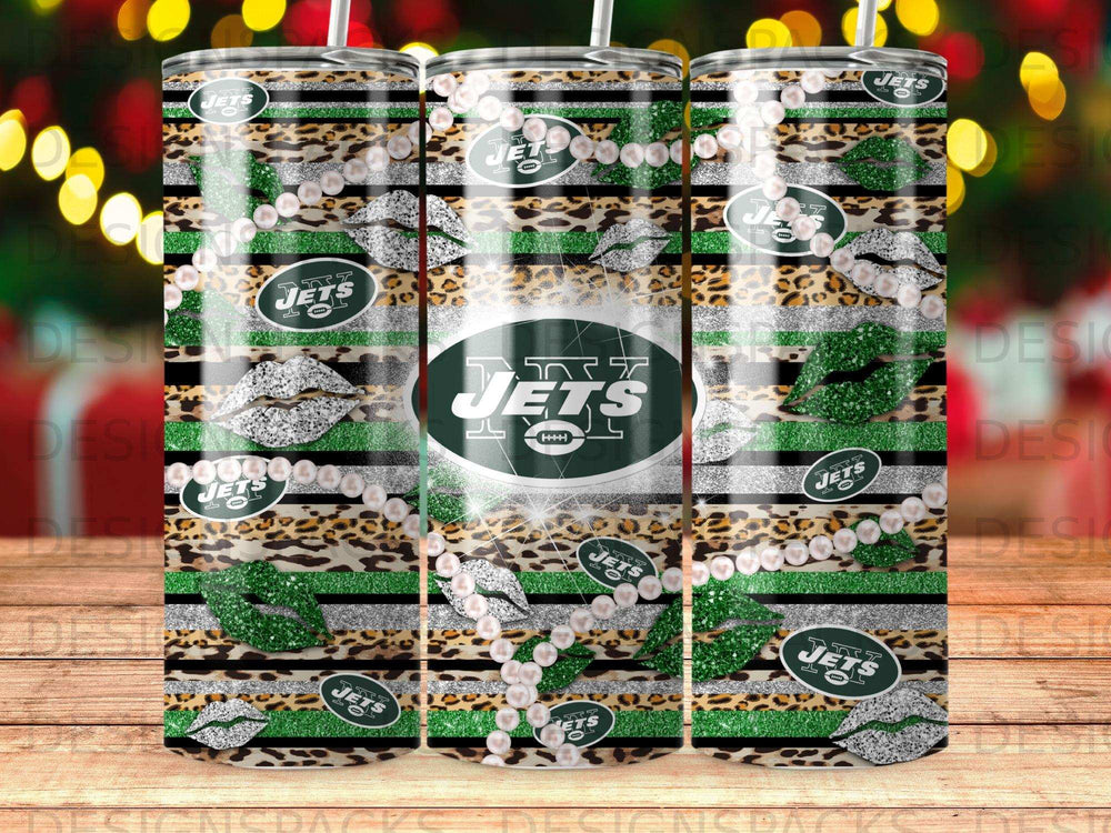 New York Jets tumbler with leopard print, pearls, and lips design.