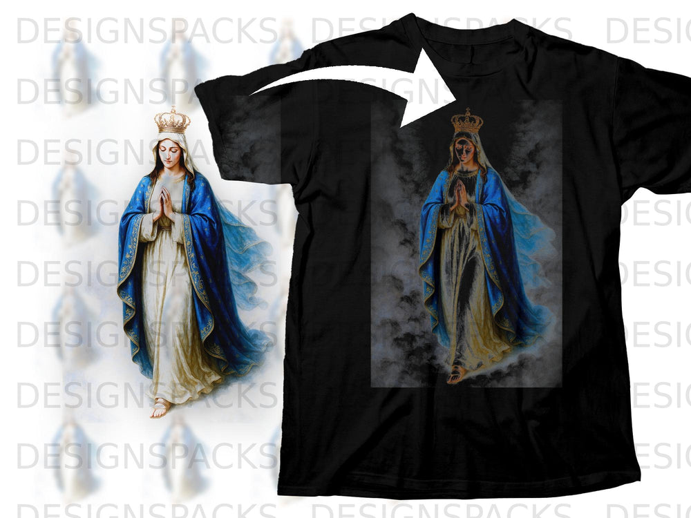 Black t-shirt with a depiction of the Virgin Mary wearing a crown and blue robe.