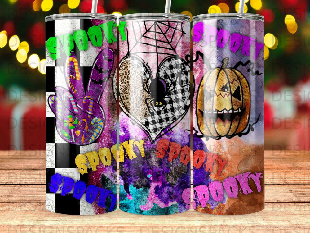 Purple peace sign and pumpkin tumblers with "Spooky" text and Halloween designs.