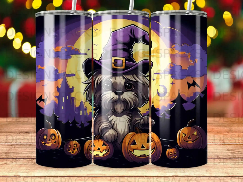 Fluffy dog in witch hat with pumpkins and spooky castle background.